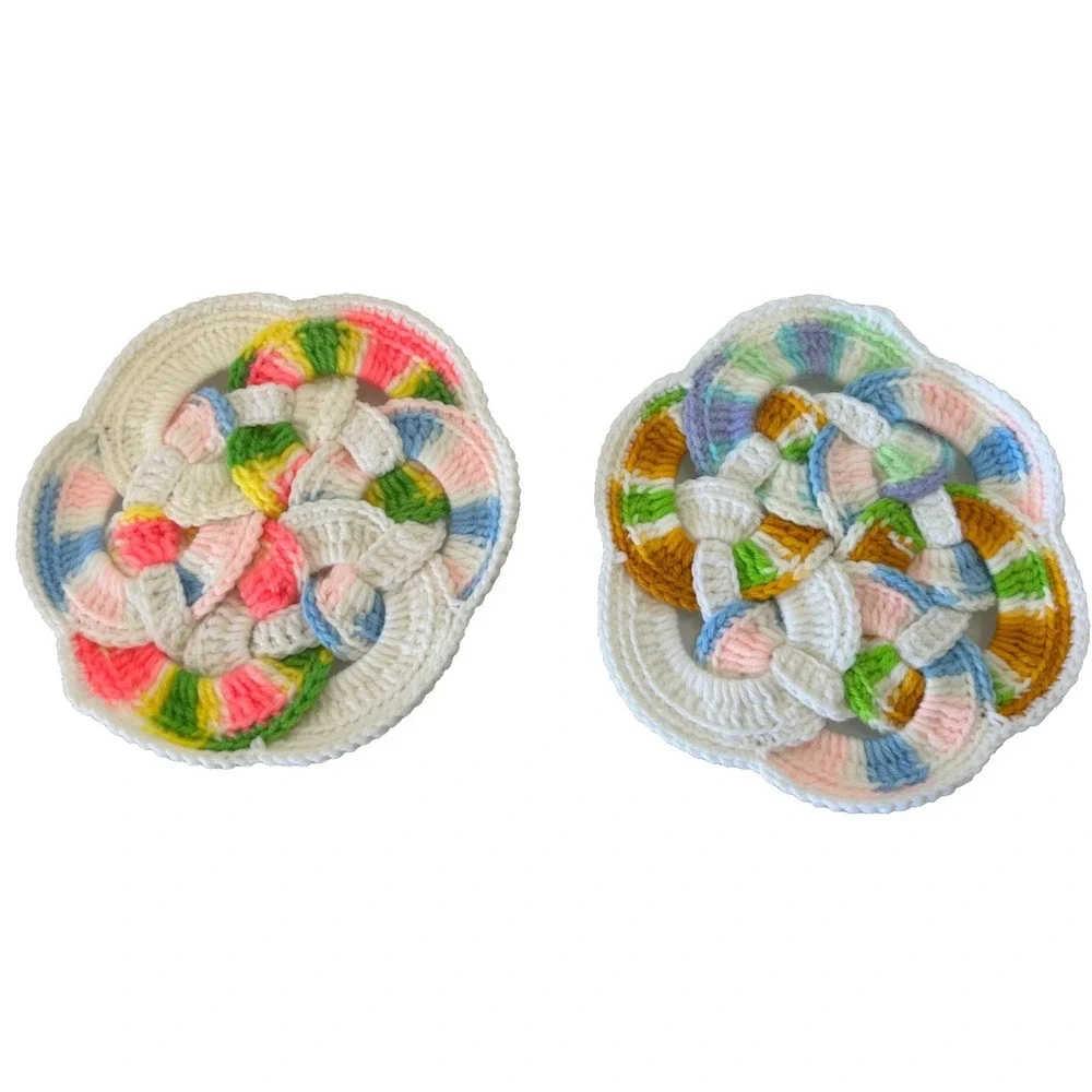 2 Vintage 1970s MCM Hand Crocheted Multi Color Hot Pad Pot Holder Trivet NOS